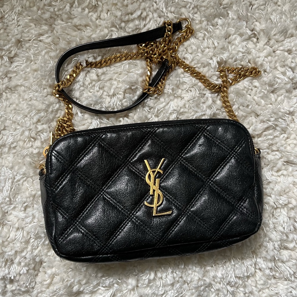 SAINT LAURENT Quilted Mini Becky Double Zip Bag in Black.